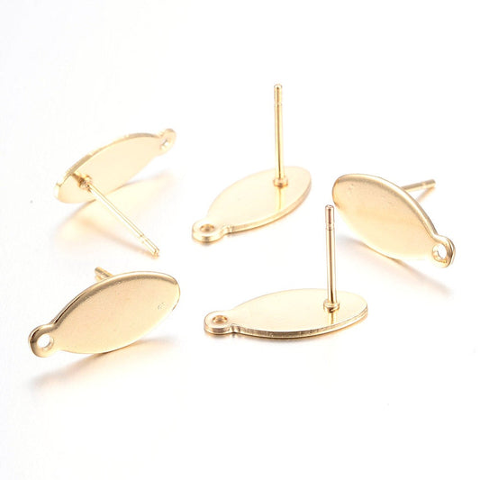 E396 - 10 pcs. (5 pairs) 304 Stainless Steel Oval Earring Posts/Bases/Studs/Settings with Backs - 15mm x 7mm - Golden - Tarnish Resistant