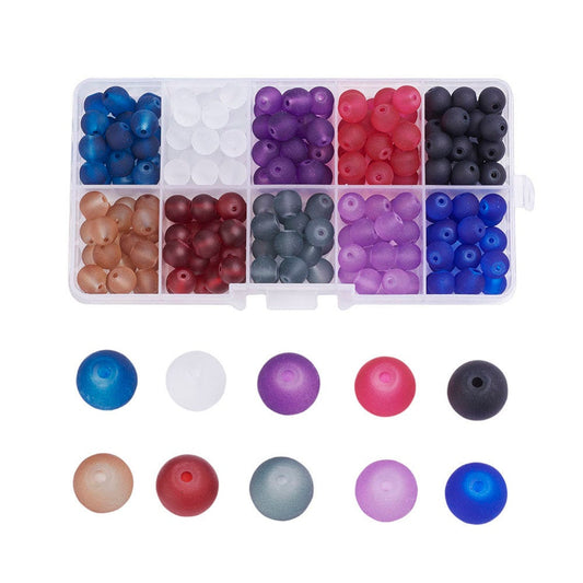 BD722 - 100 Beads - 10mm Assortment Box of Glass Frosted Round Beads - Hole Size: 1.3mm - 10 Colors! Set 1