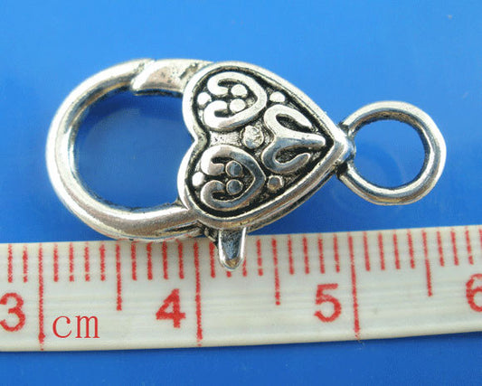 CL158 - 20 pcs. Antique Silver Heart Lobster Clasps - 25mm X 12mm (1 inch) - Claw Clasps