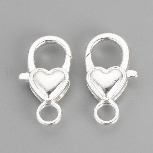 CL141 - 20 pcs. Silver Plated Heart Lobster Clasps - 27mm x 15mm - Claw Clasps - Shiny