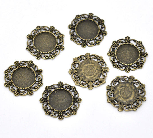 P449 - 10 pcs. Antique Bronze Cameo Bezel Pendant Circle Settings Trays Cabochons - 14mm Glue Pad Setting (0.55") - 27mm (1.06")