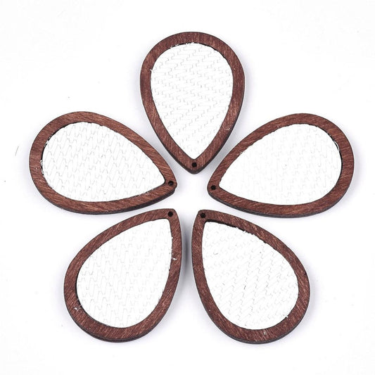 P2106 - 4 pcs. White and Brown REAL Leather Cowhide over Wood Dangle Pendants - Rattan - Teardrop - 46mm (1.81") - Great for Earrings or Dangles!
