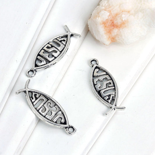 P946 - 100 pcs. Antique Silver Tone "Jesus" Fish Charms Pendants - 26mm x 9mm ( 1" x 3/8") - Double Sided