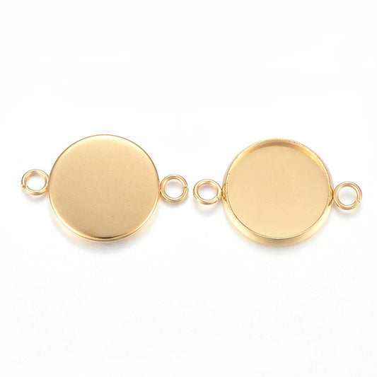 P017 - 5 pcs. 304 Stainless Steel Golden Circle Round Bezel Cabochon Cameo Connector Tags Trays - 20mm Glue Pad - Tarnish Resistant!