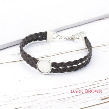 B071 - 2 pcs Dark Brown Faux Leather Bracelets with 12mm Glue Pad Bezel Trays and Extender Chains - Adjustable from 7" to 9" - Double Braided Cord