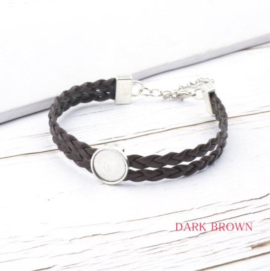 B071 - 2 pcs Dark Brown Faux Leather Bracelets with 12mm Glue Pad Bezel Trays and Extender Chains - Adjustable from 7" to 9" - Double Braided Cord
