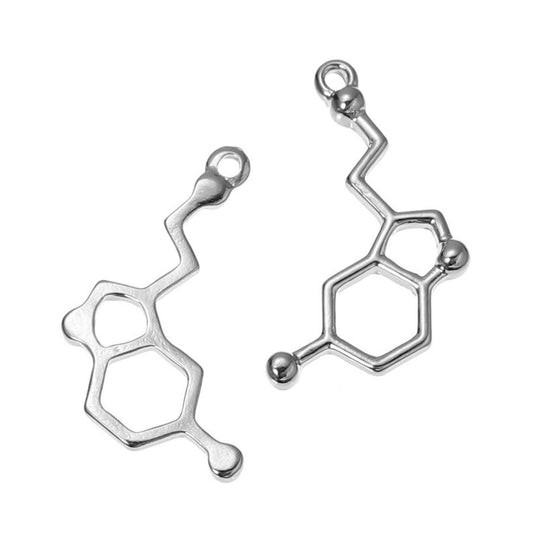 W012 - 10 pcs. Silver Tone Chemistry Science Molecule Serotonin Charms Pendants - 25mm X 13mm - 1 in x 0.5 in