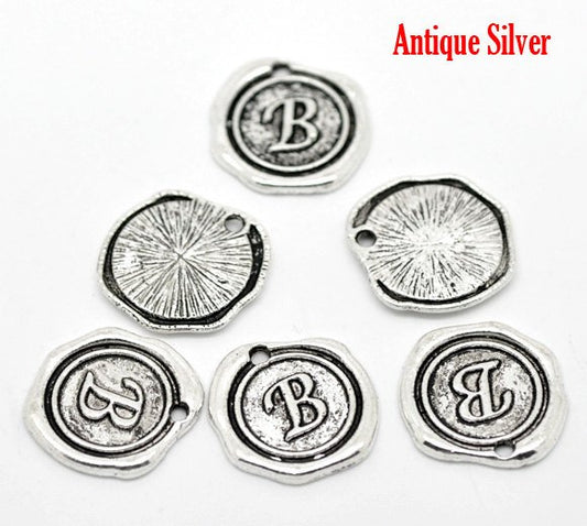 P094 - 5pcs. Antique Silver LARGE Letter "B" Alphabet Letter - 18mm x18mm - Wax Design