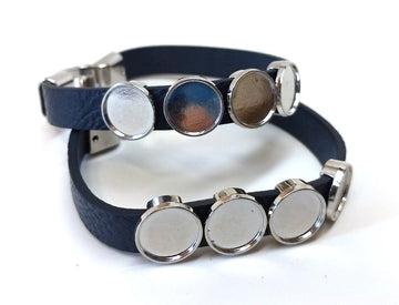 B082 - 2 pcs. Blue Faux Leather Bracelets with 12mm Glue Pad Bezel Trays and Extender Chains - Adjustable from 7" to 9" - 4 Settings