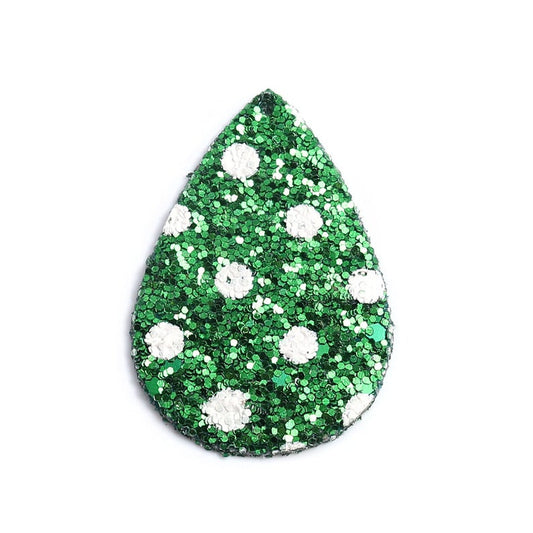 P1192 - 10 pcs. Green Glitter Faux Leather Dangle Charms Pendants - Teardrop - 56mm (2.2") - Great for Light Earrings - Double-Sided - Polka Dots