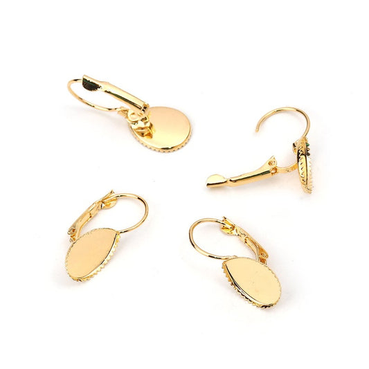 E727 - 10 pcs. (5 pairs) Gold Plated Flat Teardrop Earring Clips Settings Lever Back Bezels Cabochons - 14mm x 10mm Glue Pad Setting - Drop