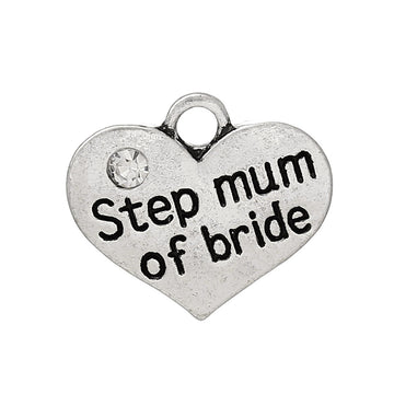 P054 - 4 pcs. Antique Silver "Step Mum of Bride" charm with rhinestone - 17mm X 15mm