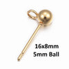 E385 - 10 pcs. (5 pairs) 304 Stainless Steel Earring Ball Posts Settings with Loop - 16mm x 8mm - 24K Gold Plated- 5mm Ball Diameter - Stoppers Included!