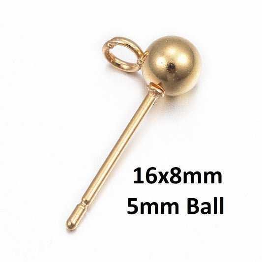 E385 - 10 pcs. (5 pairs) 304 Stainless Steel Earring Ball Posts Settings with Loop - 16mm x 8mm - 24K Gold Plated- 5mm Ball Diameter - Stoppers Included!