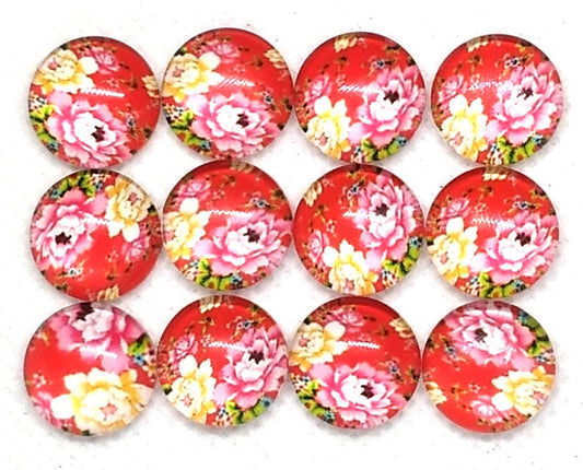CA786 - 10 pcs Circle Flower Glass Round Dome Seals Tiles Cabochons - 12mm - Pink Rose with Red Background