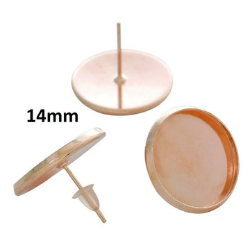 E416 - 20 pcs. Dark Rose Gold Plated Earring Posts Studs Settings Bezels Cabochons Tacks- 14mm Glue Pad Setting - With Rubber Stoppers!