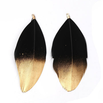 P575 - 10 pcs Black and Gold Dangle Charms Pendants - Feather - Gold Plated Crimps - 85mm (3.4") - Great for Light Earrings, Necklaces or Dangles!