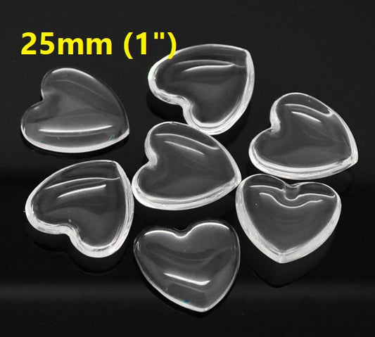 CA921 - 10 pcs. Heart Clear Round Glass Dome Seals Tiles - 25mm (1 in) - 6mm Thick