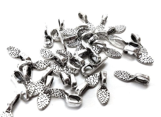 P2229 - 100 pcs. Antique Silver Tone Small Spoon Tag Glue On Bails - 16mm x 5.5mm - Hole Size: 2.5mm x 4.5mm