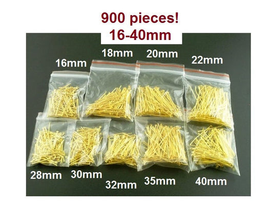 A036 - 900 pcs. Gold Plated Flat Head Pins - 16mm to 40mm - Assortment Mix - 21 Gauge
