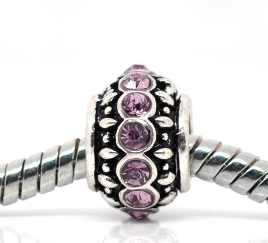 BD401 - 10 pcs Antique Silver Oval Light Purple Mauve Pink Rhinestone Rondelle Spacer Beads - 11mm - Fits European Cords!