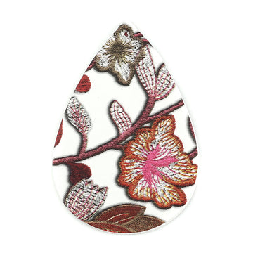 P226 - 10 pcs. White and Red Multicolor Floral Embroidered Faux Leather Dangle Charms Pendants - Teardrop - 56mm (2.2") - Double Sided