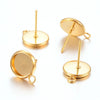 E364 - 10 pcs. 304 Stainless Steel 24K Gold Plated Earring Posts Settings Bezels Cabochons Tacks with Loop- 8mm Glue Pad Setting - with Stoppers!