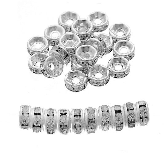 BD005A - 10 pcs Silver Plated Clear Rhinestone Rondelle Spacer Beads - 5mm