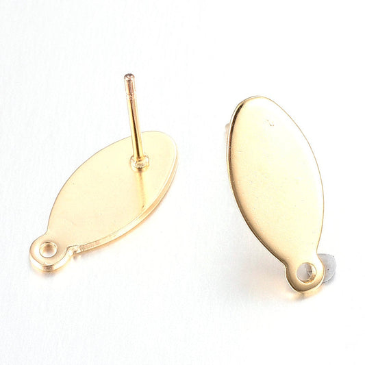 E396 - 10 pcs. (5 pairs) 304 Stainless Steel Oval Earring Posts/Bases/Studs/Settings with Backs - 15mm x 7mm - Golden - Tarnish Resistant