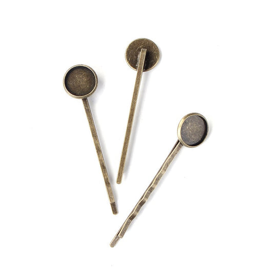 H073 -  10 pcs. - Antique Bronze Hair Bobby Pins Cabochons Bezels - 62mm x 14mm - 12mm Glue Pad