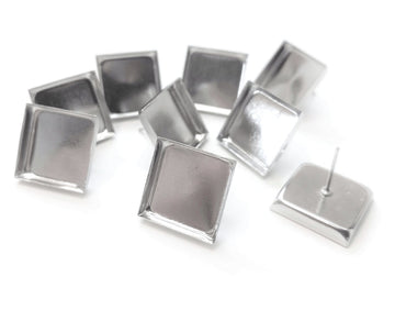 E573 - 10 pcs. Silver Plated Square Earring Posts Studs Settings Bezels Cabochons Tacks - 12mm x 12mm Glue Pad Setting - Smooth Frame