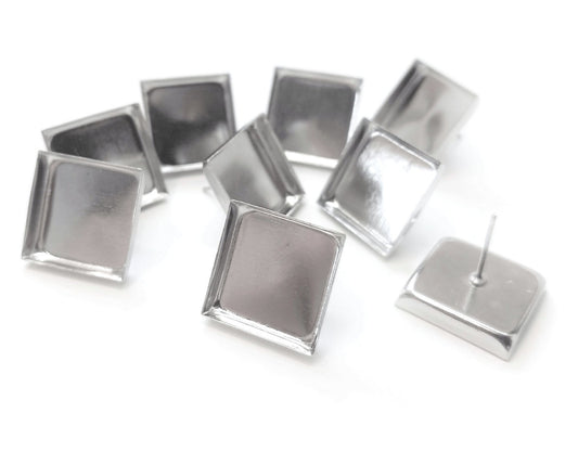 E573 - 10 pcs. Silver Plated Square Earring Posts Studs Settings Bezels Cabochons Tacks - 12mm x 12mm Glue Pad Setting - Smooth Frame