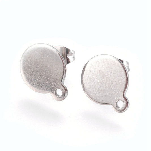 E492 - 10 pcs. (5 pairs) 304 Stainless Steel Silver Tone Earring Posts/Bases/Studs/Settings - 12.5mm x 10mm - 10mm Diameter - Hole Size: 1.4mm