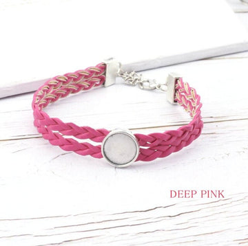 B072 - 2 pcs. Hot Pink Faux Leather Bracelets with 12mm Glue Pad Bezel Trays and Extender Chains - Adjustable from 7" to 9" - Double Braided Cord