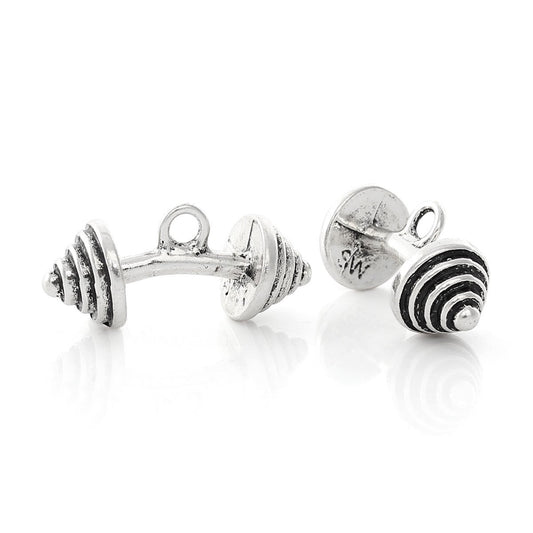 P275 - 10 pcs. Antique Silver Spiral Curved Dumbbell Gym Weight Charms Pendants - 23mm X 10mm (0.91 x 0.4 inch) - Hole Size: 2mm