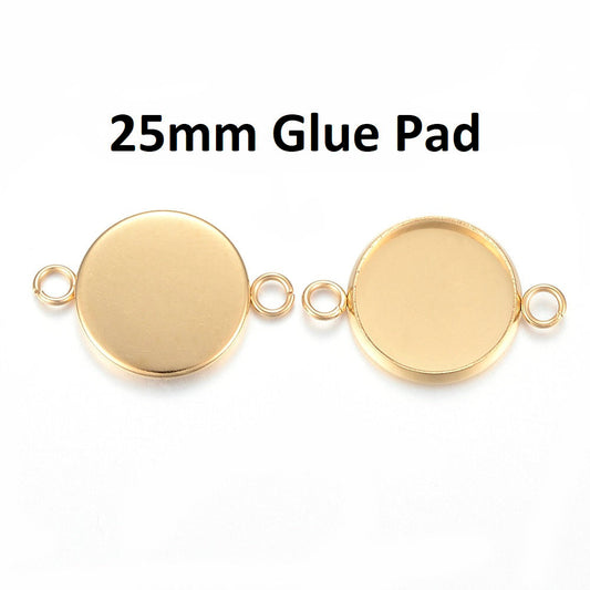 P1182 - 5 pcs. 304 Stainless Steel Golden Circle Round Bezel Cabochon Cameo Connector Tags Trays - 25mm Glue Pad (1 inch) - Tarnish Resistant!