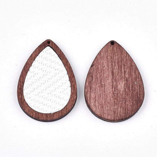 P2106 - 4 pcs. White and Brown REAL Leather Cowhide over Wood Dangle Pendants - Rattan - Teardrop - 46mm (1.81") - Great for Earrings or Dangles!
