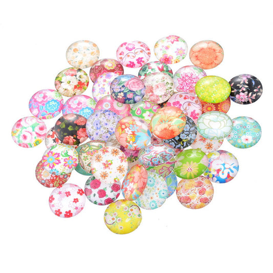 10 pcs Circle Flowers Glass Round Dome Seals Tiles Cabochons - 12mm (1/2 in) - Assortment of Designs - Flower Pattern A
