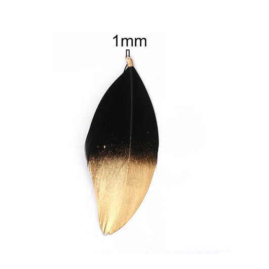 P575 - 10 pcs Black and Gold Dangle Charms Pendants - Feather - Gold Plated Crimps - 85mm (3.4") - Great for Light Earrings, Necklaces or Dangles!