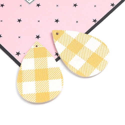 P1088 - 10 pcs Yellow and White Faux Leather Dangle Pendants - Teardrop - Gingham Pattern - 56mm (2.2") -Great for Earrings or Dangles! Double-Sided