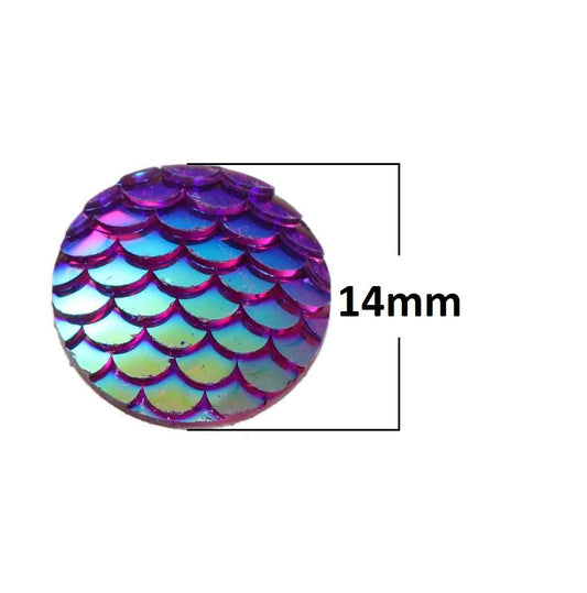 CA394 - 10 pcs Mermaid Fish Scales Resin Carved Embellishment Cabochons Purple AB - 14mm (0.55 in)
