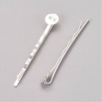 H058 - 50 pcs. Silver Plated Bobby Pins - 8mm Glue Pad - Ripple Pattern - 52mm x 8mm (2.05 in x 3/8 in)