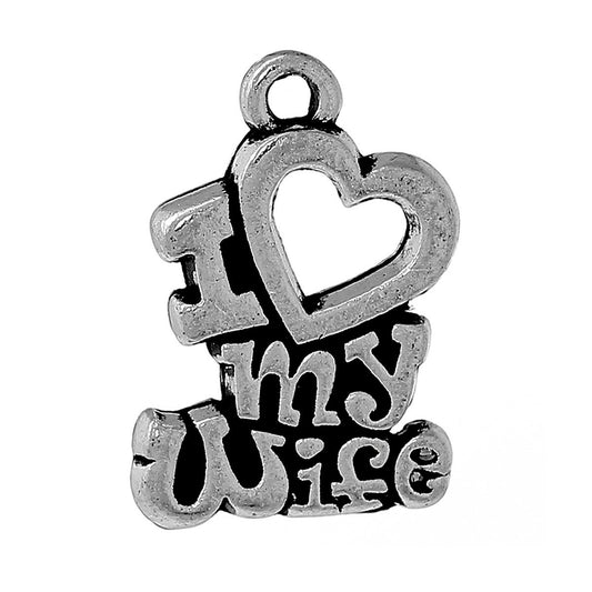 P609 - 30pcs. Antique Silver "I love (heart) My Wife" Carved Charms Pendants - 21 x 14mm