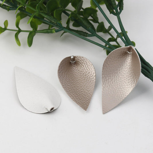 P643A - 4 pcs. Champagne Faux Leather Dangle Charms Pendants - Pinch Leaf - Silver Tone Jump Ring - 63mm (2.5") - Great for Earrings or Dangles