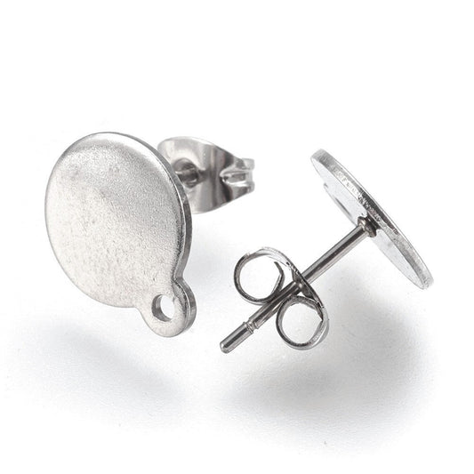E492 - 10 pcs. (5 pairs) 304 Stainless Steel Silver Tone Earring Posts/Bases/Studs/Settings - 12.5mm x 10mm - 10mm Diameter - Hole Size: 1.4mm