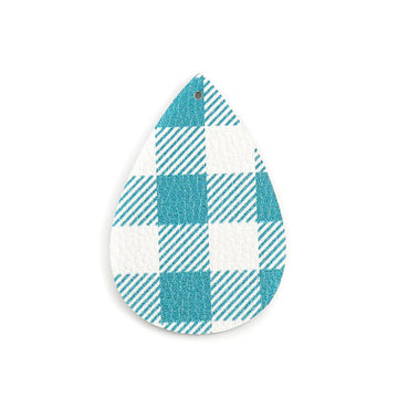 P1123 - 10 pcs Teal and White Faux Leather Dangle Pendants - Teardrop - Gingham Pattern - 56mm (2.2") -Great for Earrings or Dangles! Double-Sided
