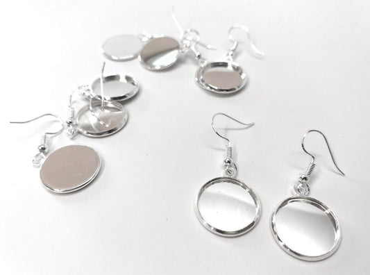 E397 - 10 pcs. Silver Plated Earring Dangle Hooks Settings Bezels Cabochons - 16mm Glue Pad Setting