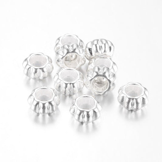 BD690 - 50 pcs Shiny Silver Corrugated Striped METAL Rondelle Spacer Beads - 12mm - Large Hole: 5.5mm - Fits European Cords and Paracord!