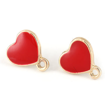 E706 - 10 pcs. Gold Plated with Red Enamel Heart Earring Posts Studs with Loop Cabochons Tacks- 12mm x 11mm Base - 14mm Length - Hole Size: 1.2mm