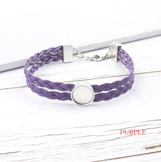 B073 - 2 pcs Purple Faux Leather Bracelets with 12mm Glue Pad Bezel Trays and Extender Chains - Adjustable from 7" to 9" - Double Braided Cord